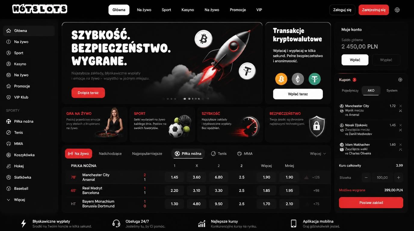 Interfejs zakładów sportowych z dyscyplinami i kryptowalutami