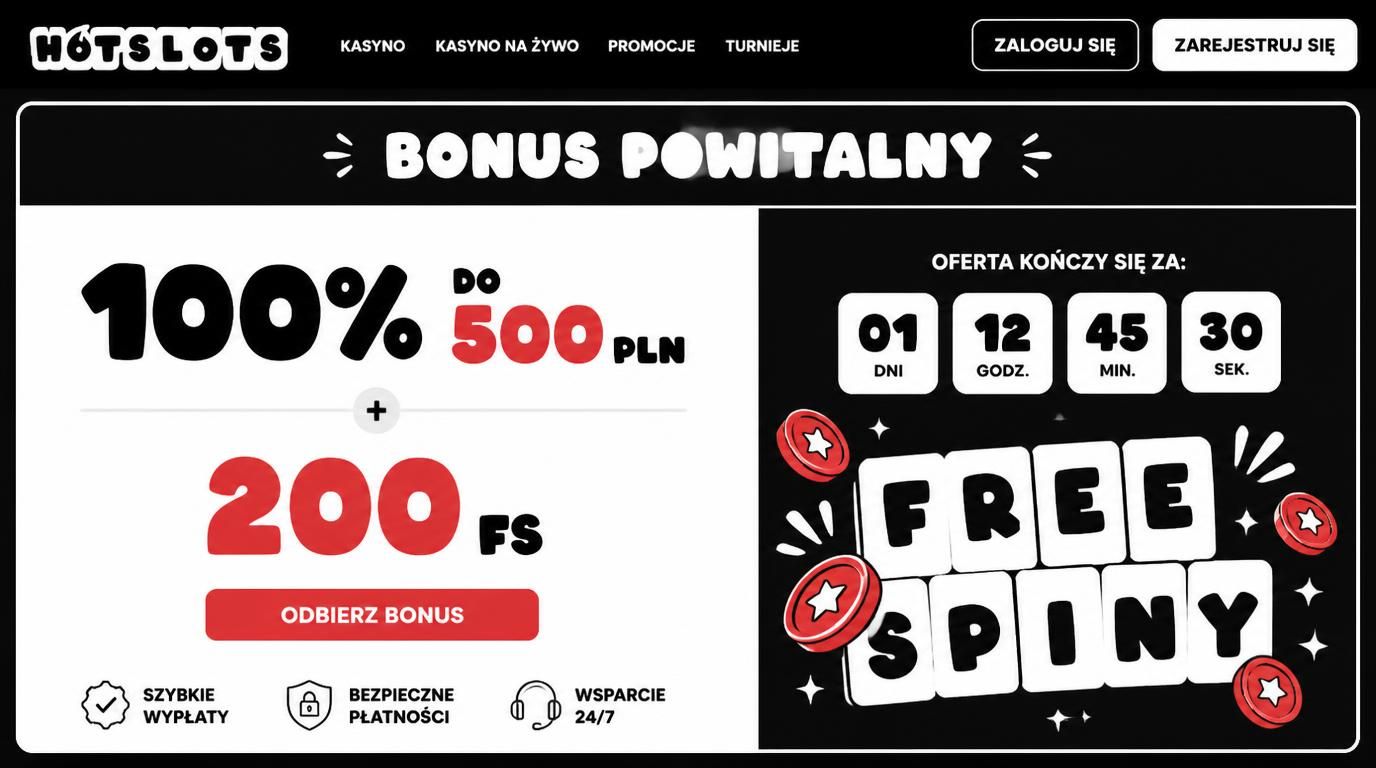Baner promocji Bonus powitalny, zegar odliczający czas, oferta 100% do 500 PLN + 200 FS