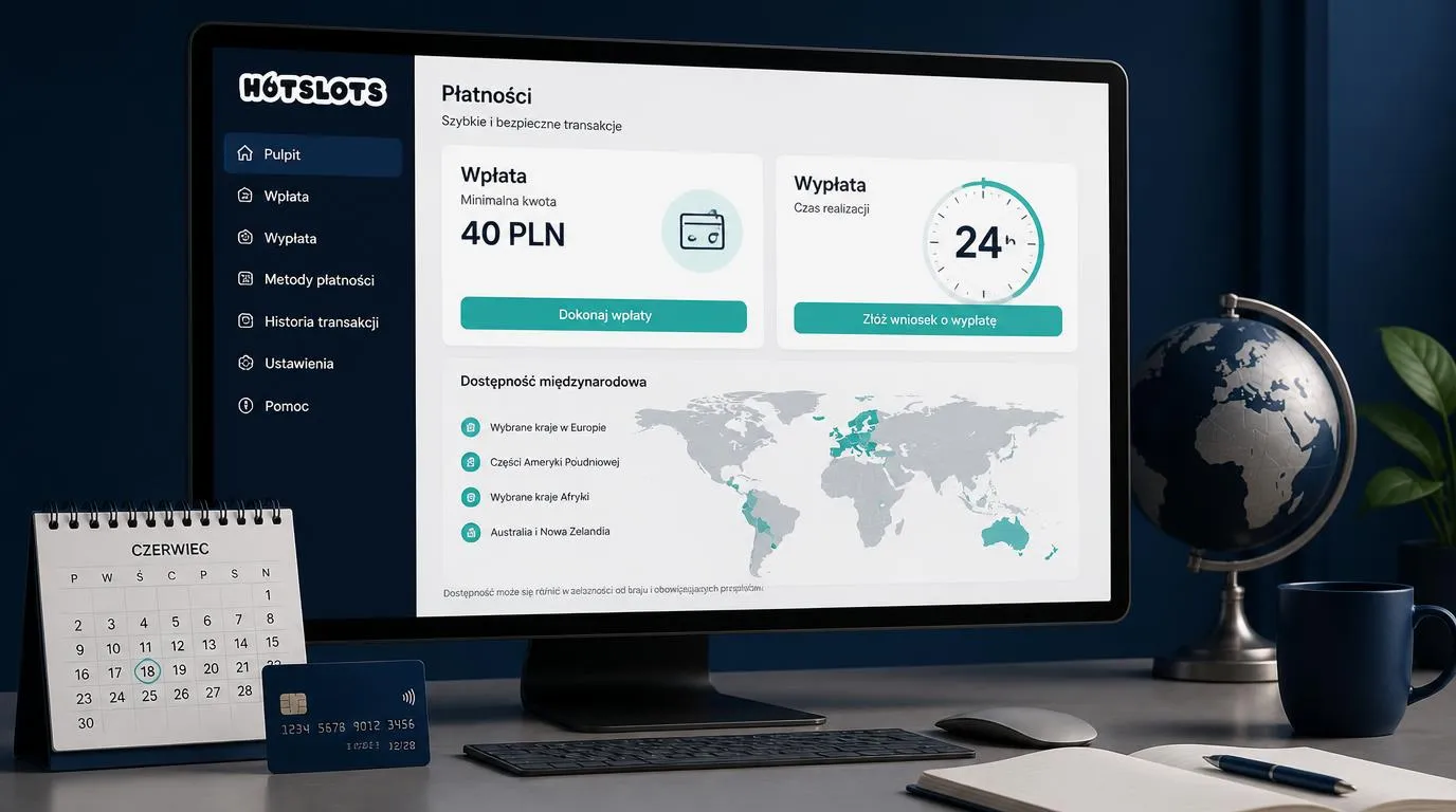 Panel płatności z kwotą 40 PLN, zegarem wskazującym 24 godziny i mapą międzynarodowej dostępności