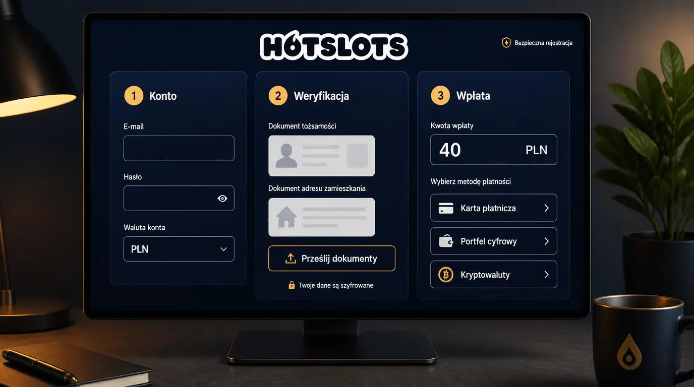 Panel rejestracji konta kasynowego, przesyłania dokumentów KYC i pierwszej wpłaty w PLN