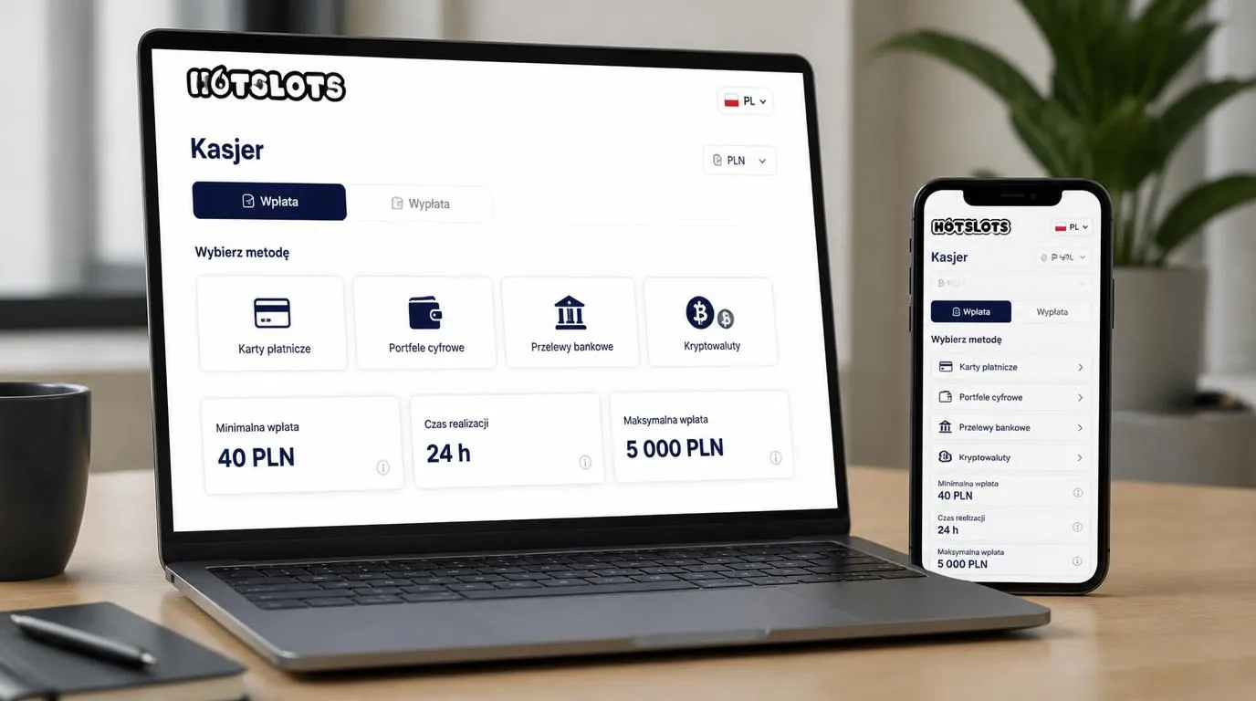 Panel kasy z kontem w PLN, wyborem metod płatności oraz informacjami o depozycie i wypłacie
