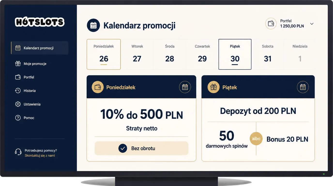 Panel promocji kasyna z cashbackiem 10% do 500 PLN w poniedziałek i nagrodami depozytowymi w piątek
