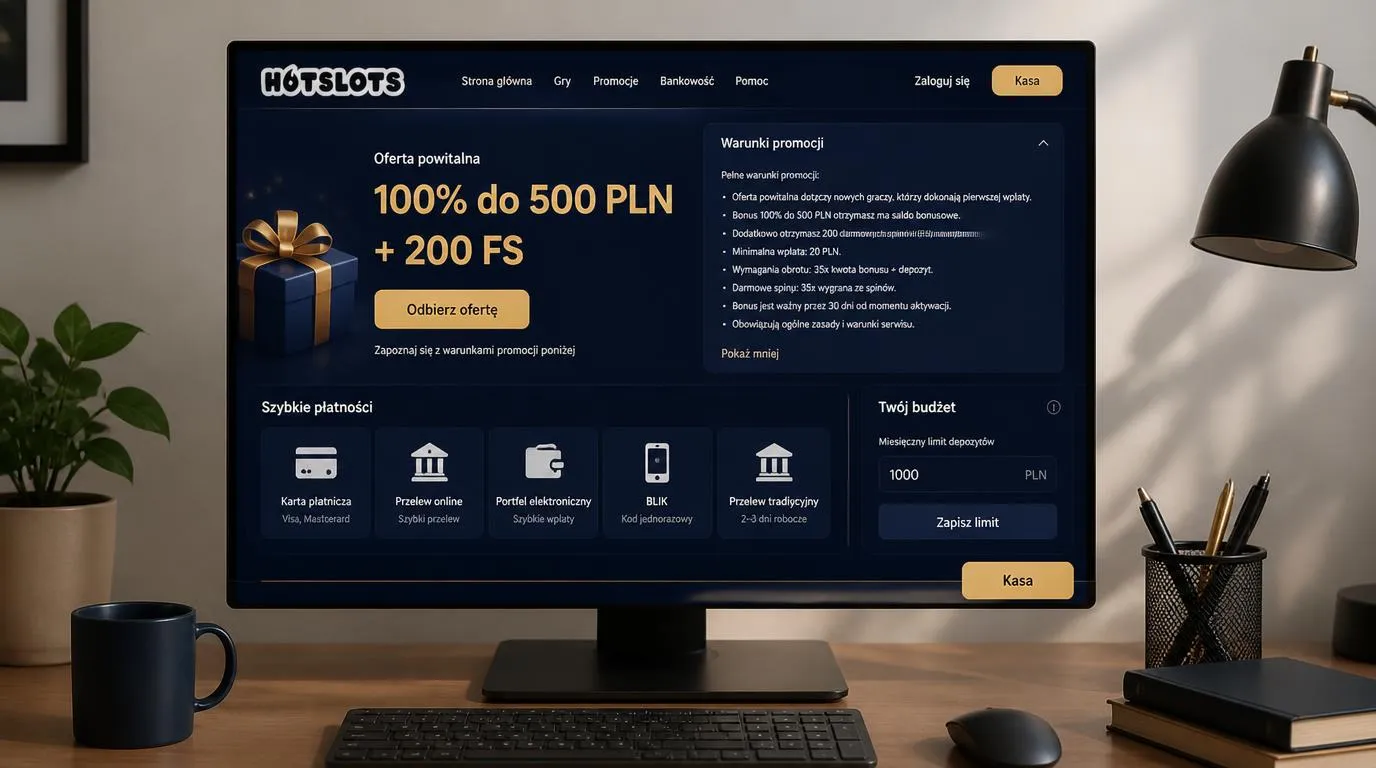 Panel kasyna z ofertą powitalną, regulaminem promocji i przyciskiem przejścia do kasy